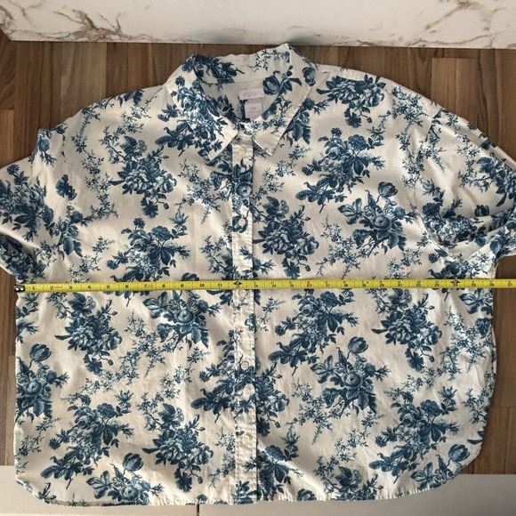 GAP x LoveShackFancy Top XL Button Down Cropped Boxy Floral Romantic Blue White - Picture 13 of 16